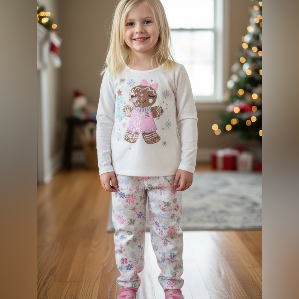 Cynthia Rowley girls 7/8 size White Gingerbread Pajama 2-Piece‎ set